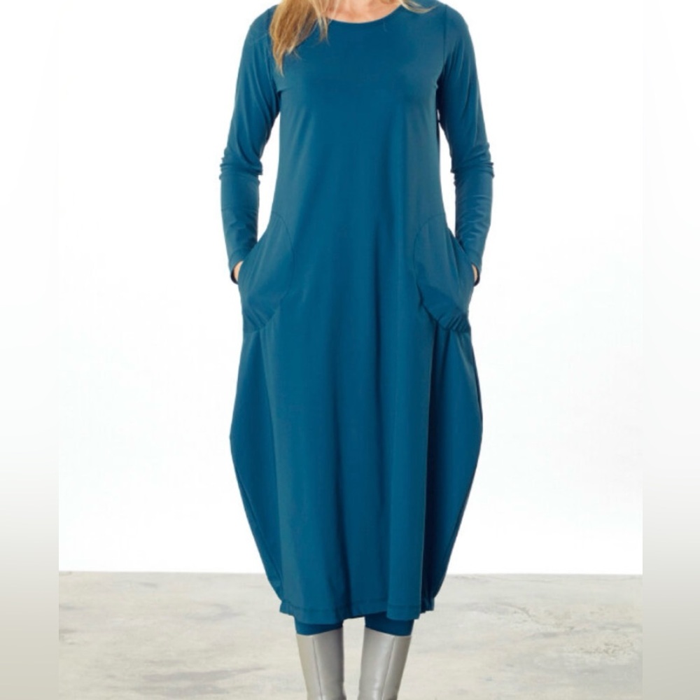Bryn Walker tulip dress midi long sleeve medium teal round neck lagenlook